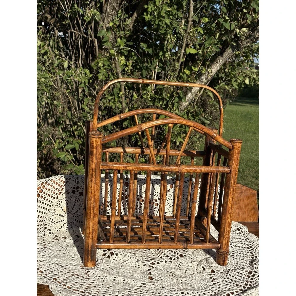 Vintage Bamboo Rattan MCM Magazine Rack Vinyl Storage Holder 14